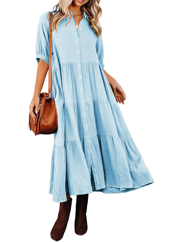 Fließendes Damen-Midikleid mit Knopfleiste und gestuften Rüschen sowie Taschen (2 kaufen, Versand gratis)