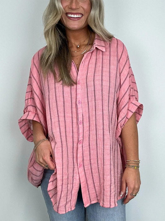 Women's Oversized Striped Button Down Top (Buy 2 Free Shipping)