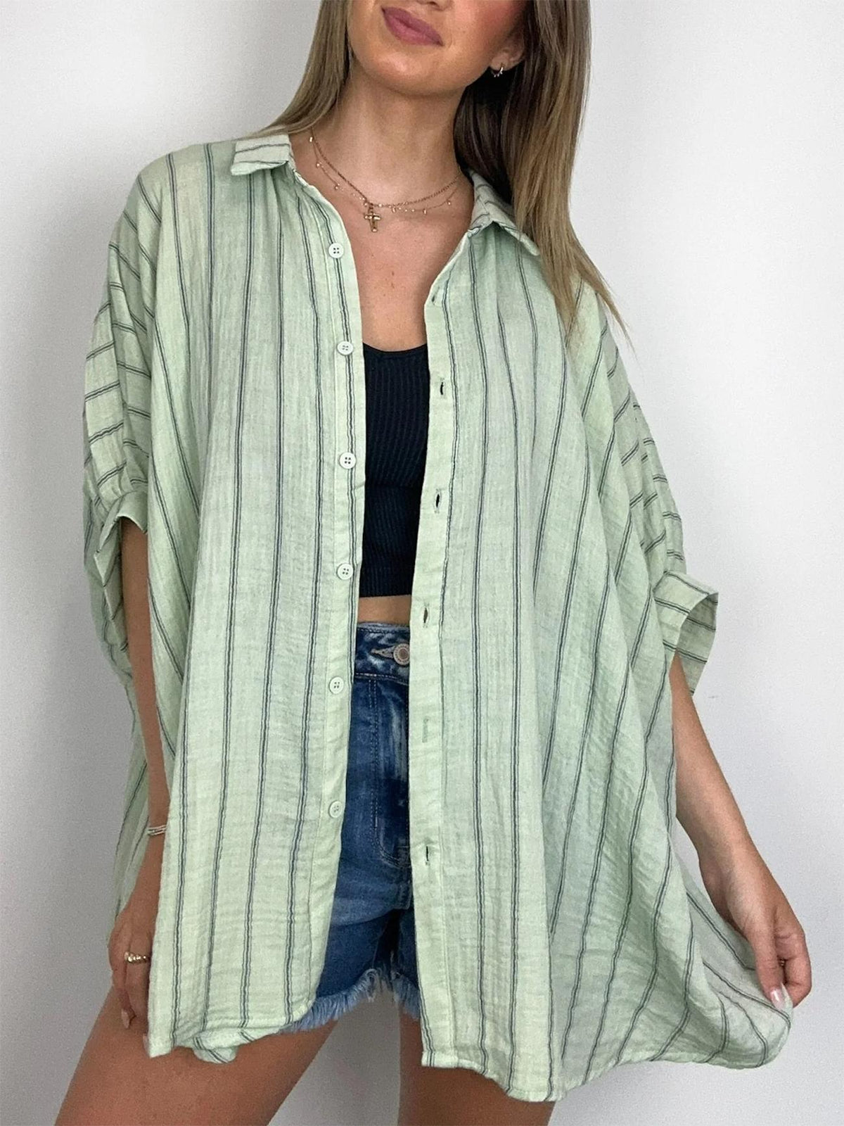 Women's Oversized Striped Button Down Top (Buy 2 Free Shipping)