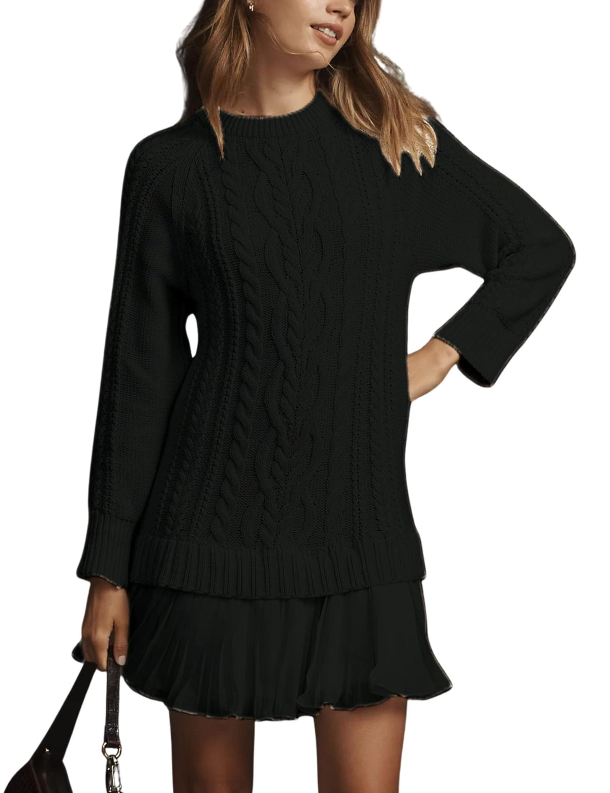 Women Crewneck Cable Knit Sweater Mini Dress (Buy 2 Free Shipping)