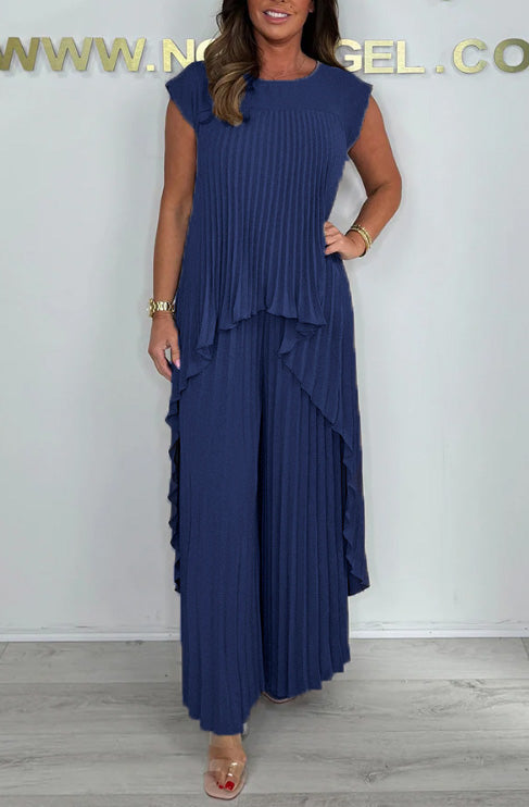 Ensemble plissé deux pièces – Haut asymétrique et pantalon ample tenue décontractée