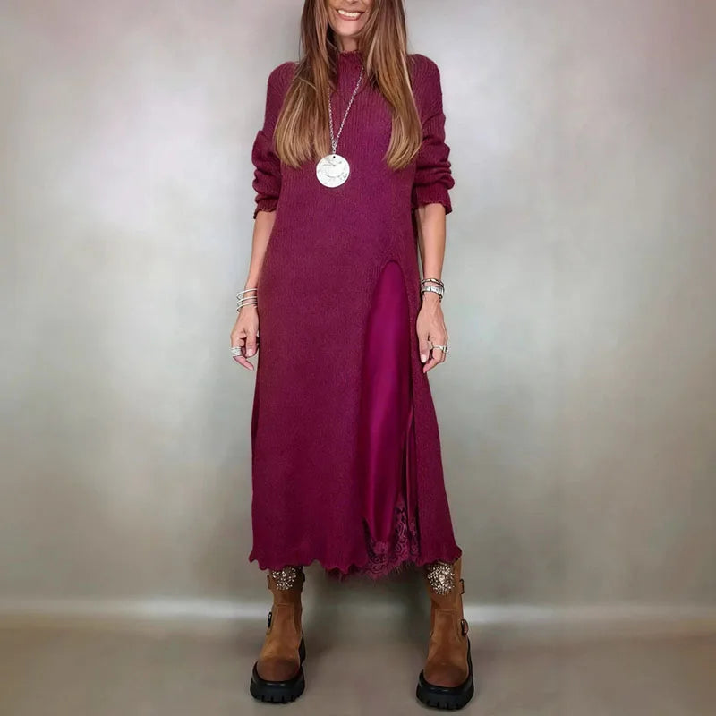 Charming Satin Dress and Long Handcrafted Knit Sweater Set