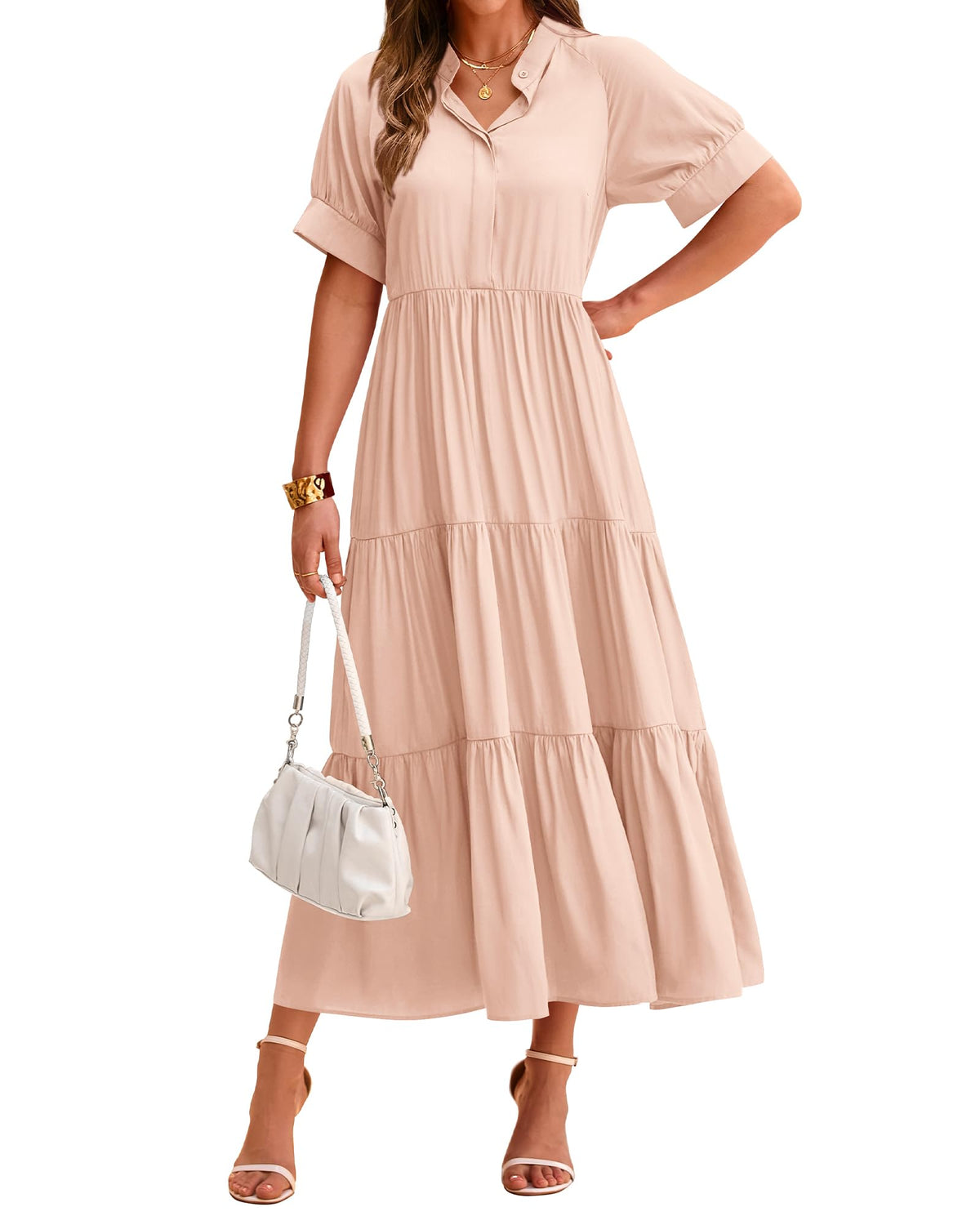 Women's Casual Button Short Sleeve Pleated Tiered Midi Dress (Buy 2 Free Shipping)