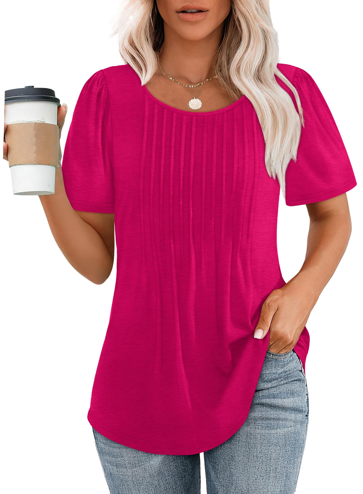Women's Short Sleeve Pleated Scooped Neck Tops (Buy 3 Free Shipping)
