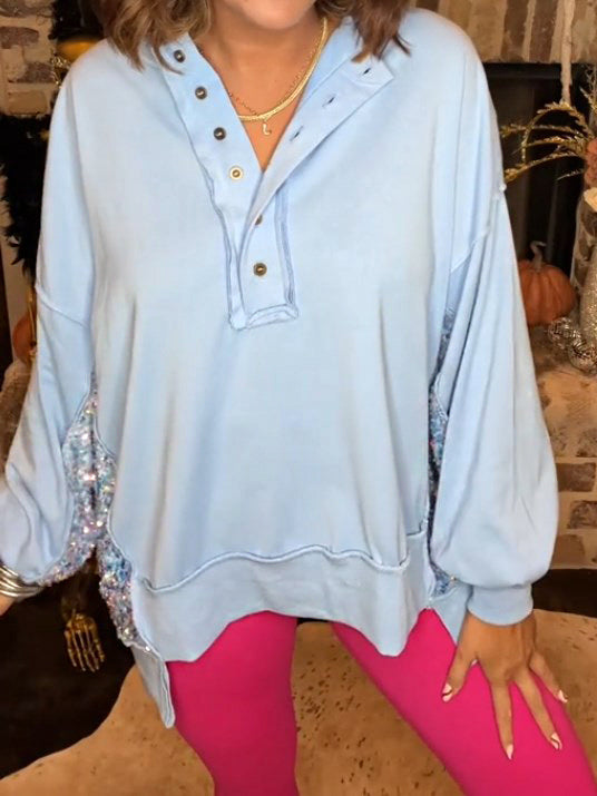 Sweat-shirt Henley à paillettes colorblock pour femme (achetez-en 2, la livraison est gratuite)