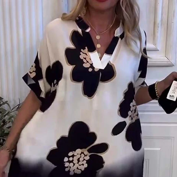 Women's Printed V-Neck Short Sleeve Loose Casual Dress