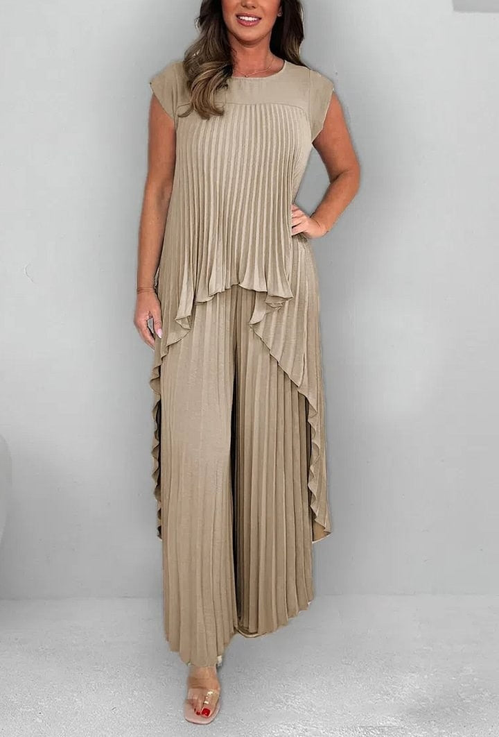 Ensemble plissé deux pièces – Haut asymétrique et pantalon ample tenue décontractée