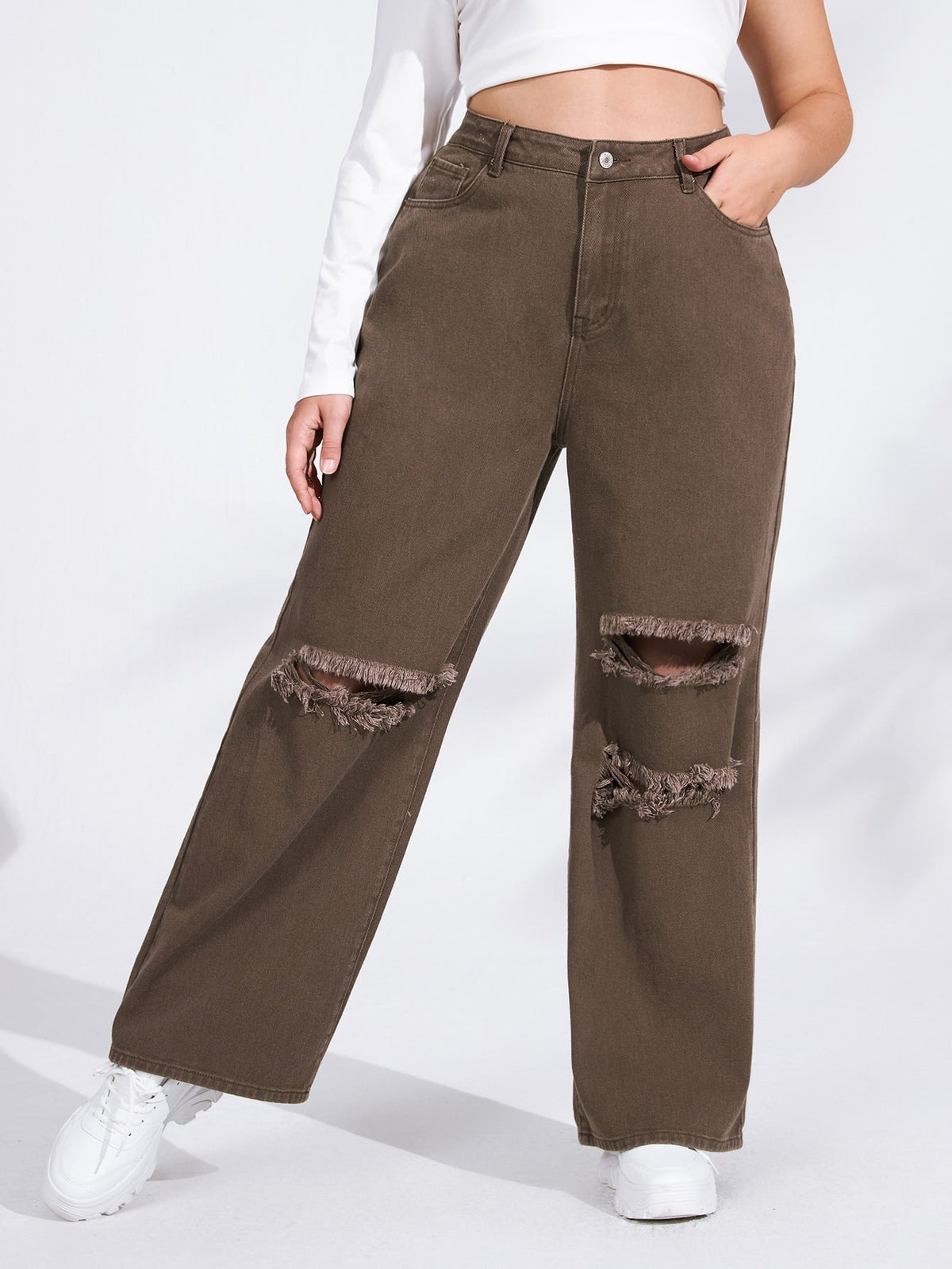 Jean large déchiré taille haute grande taille