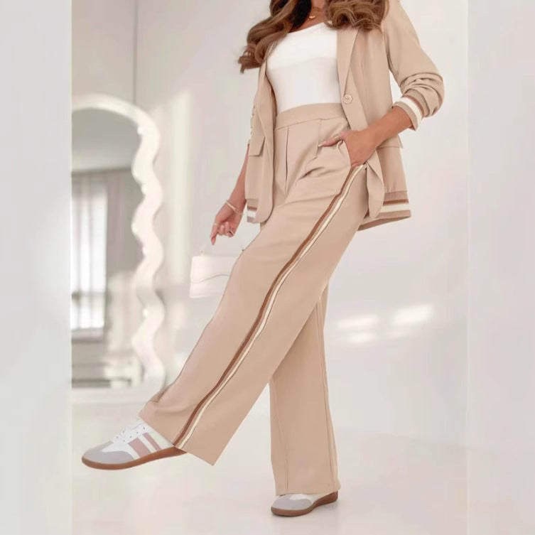 2 Pcs Set Women Suit Coat Pants Suit Lapel Long Sleeves Lady Jacket Wide Leg High Waist Trousers Female Commuting Office Outfit