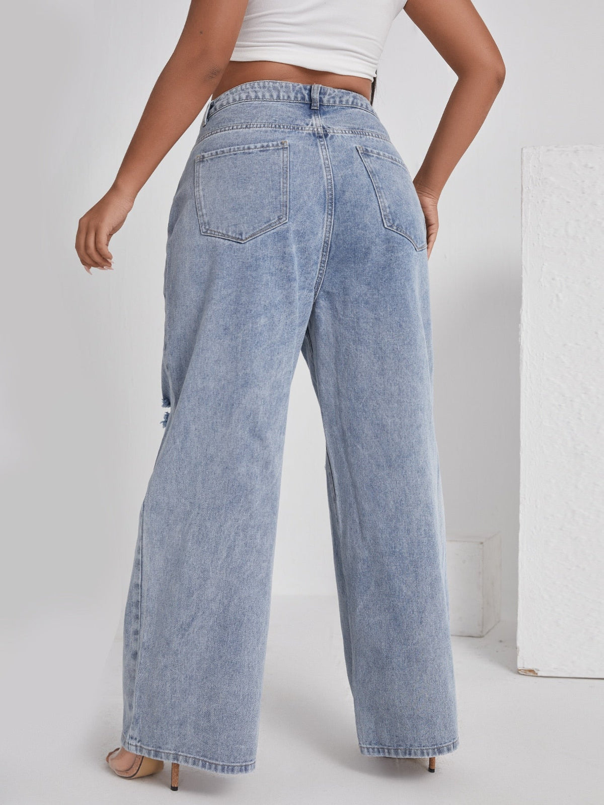 Jean large déchiré taille haute grande taille