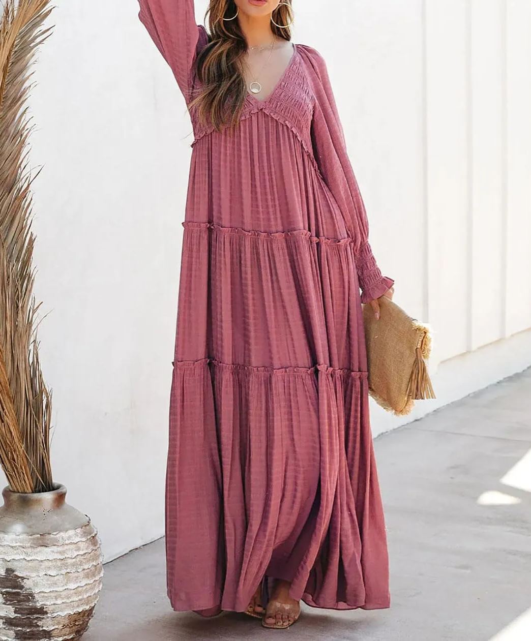 Women's Long Sleeve V Neck Boho Flowy Maxi Dresses (Buy 2 Free Shipping)