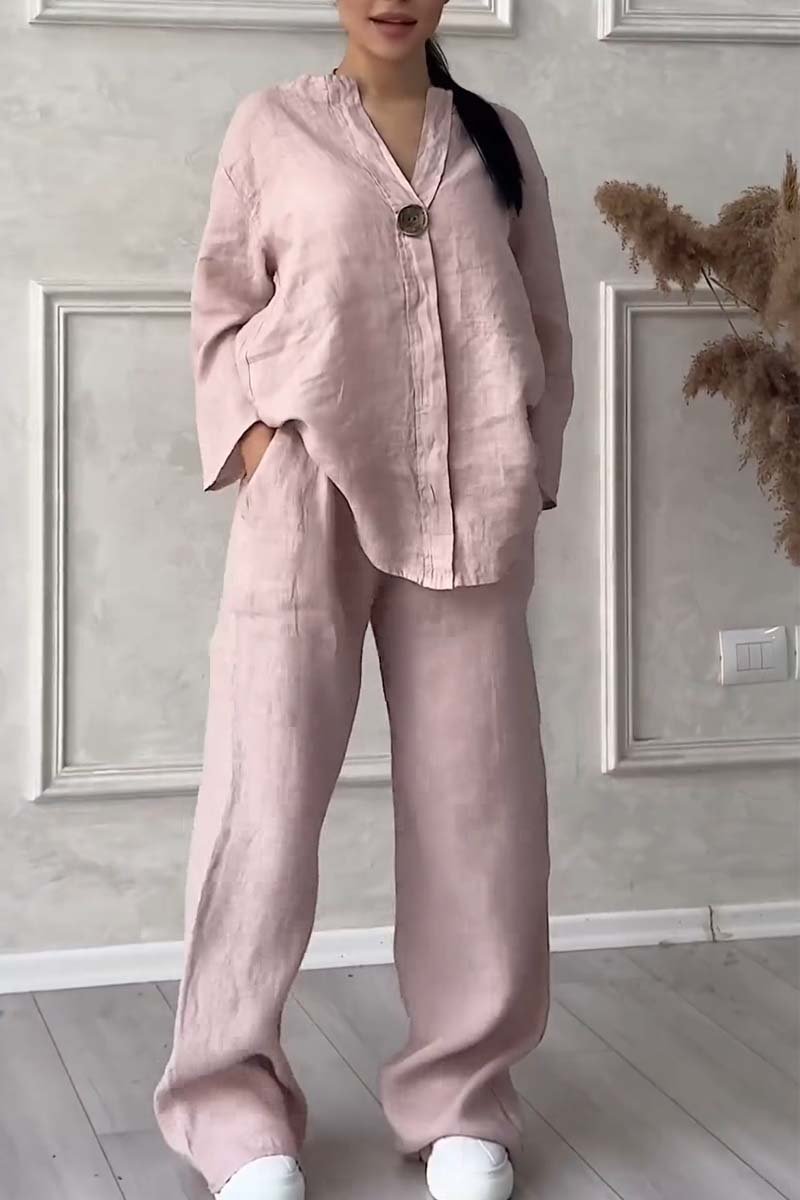 Women Casual button decorated cotton and linen two-piece set