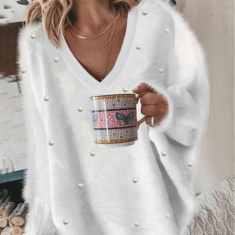 🔥Hot Sale Offers-V-Neck Long Sleeve Beaded Decor Oversized Sweater Fluffy Pullover Top