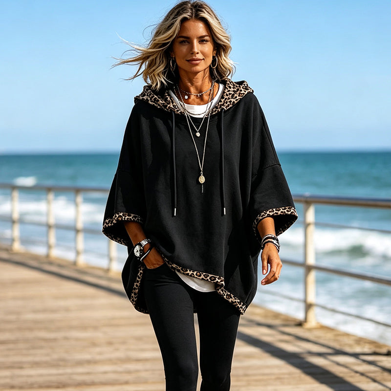 Women's Leopard Trim Hoodie – Relaxed Fit Drawstring Sweatshirt