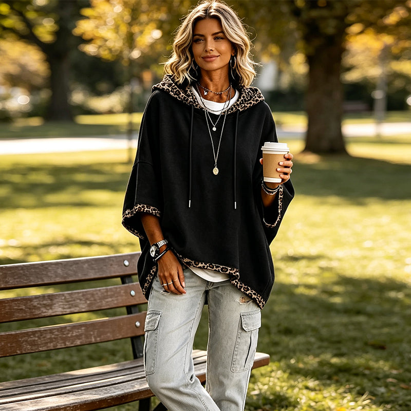 Women's Leopard Trim Hoodie – Relaxed Fit Drawstring Sweatshirt